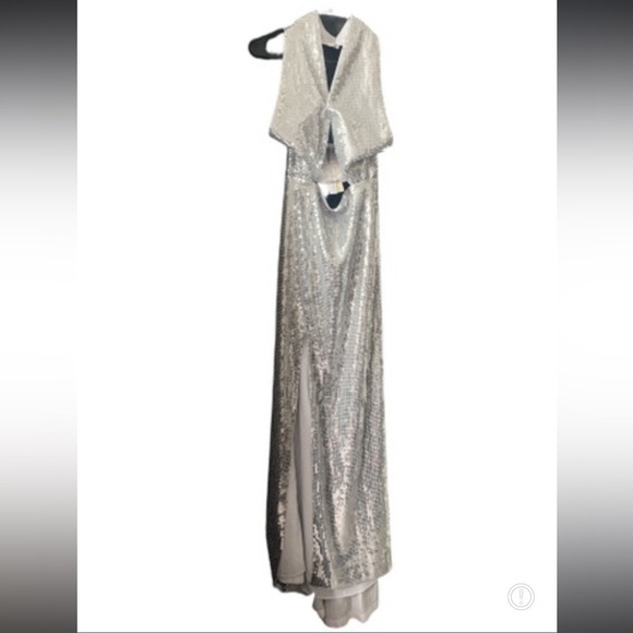 Alice + Olivia May Halter Neck Silver Sequin Maxi Gown - Picture 8 of 13
